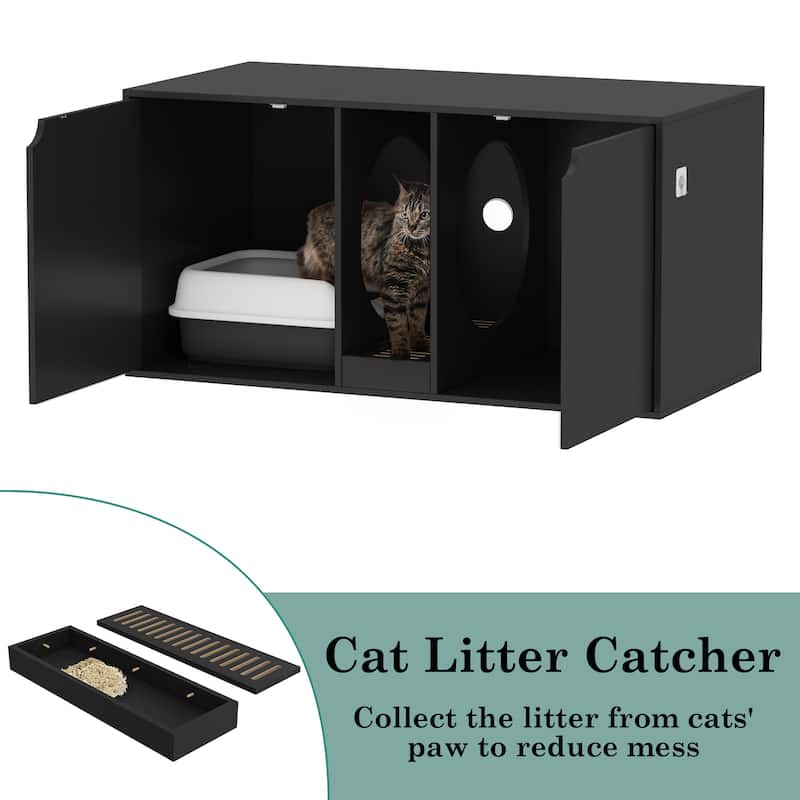Hidden Cat Litter Box Enclosure Furniture, Cat Washroom w/Double Room