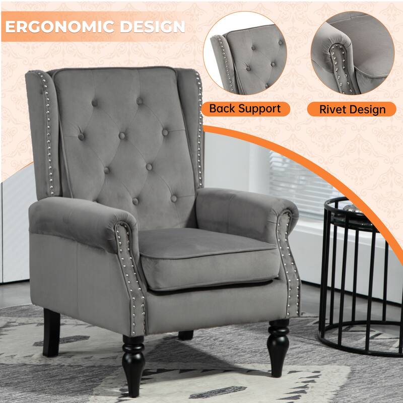 Mid-Century Velvet/Leather Upholstered Tufted Wood Frame Armchair