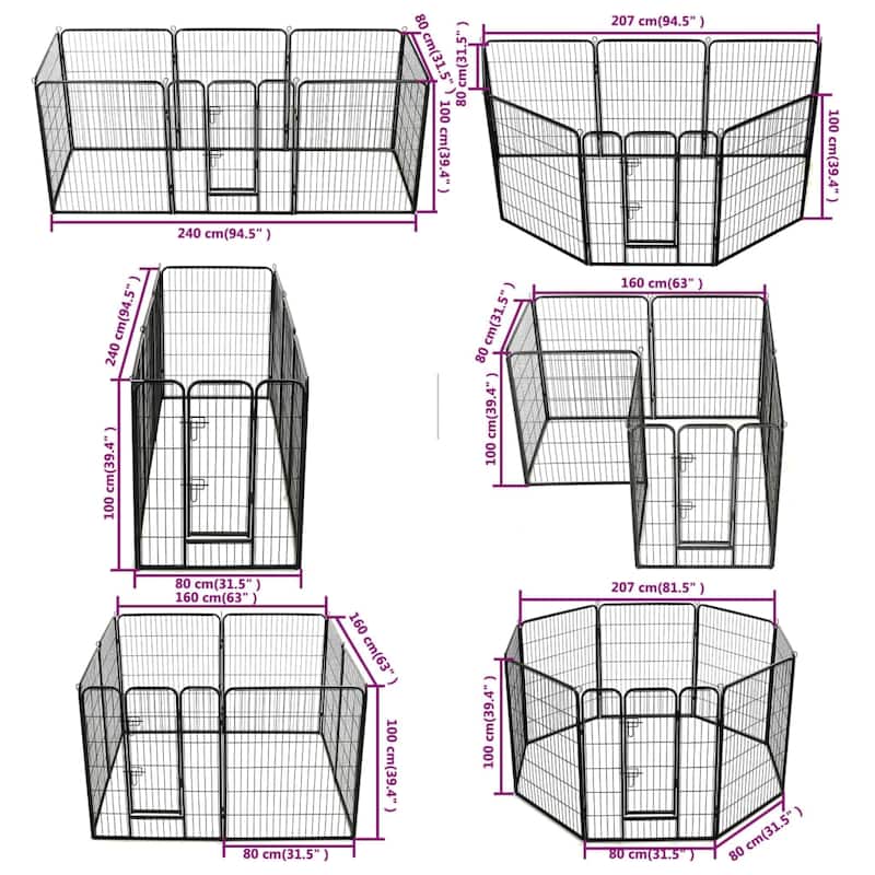 vidaXL Dog Playpen 8 Panels Steel 31.5"x39.4" Black