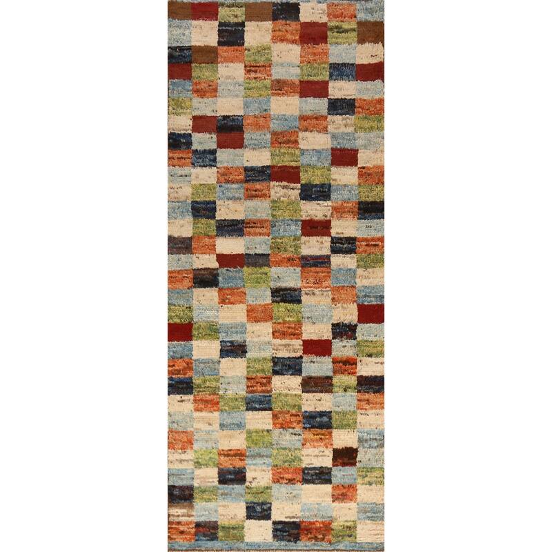 Checkered Moroccan Oriental Runner Rug Handmade Wool Carpet - 3'2" x 9'8"
