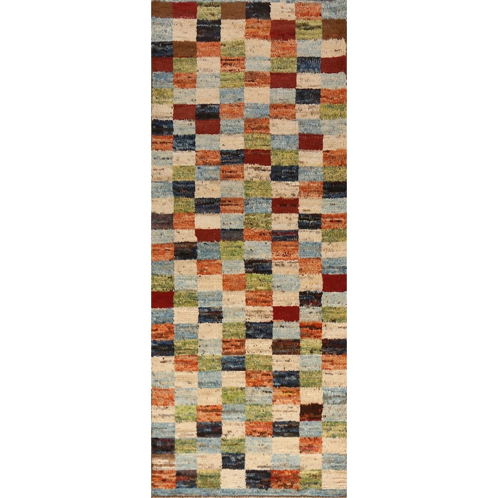 Checkered Moroccan Oriental Runner Rug Handmade Wool Carpet - 3'2" x 9'8"