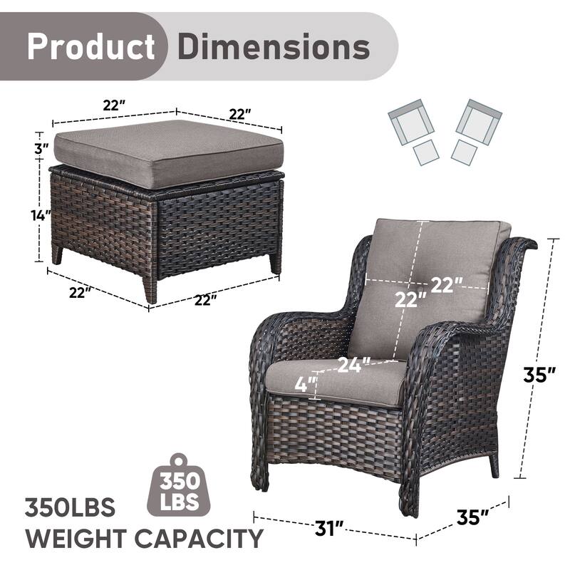 Pocassy Outdoor Patio Chairs Ottoman Table with 4 Inch Cushion