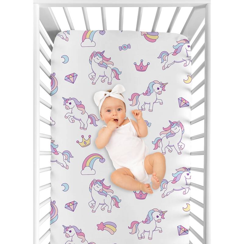 Sweet Jojo Designs Rainbow Unicorns Girl Fitted Crib Sheet Princess Pastel Pink Purple Blue Yellow Blush Moon Stars Abstract