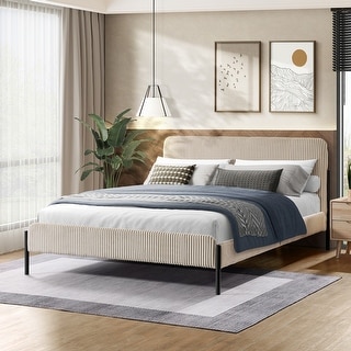 Cream Corduroy Queen Upholstered Bed With Metal Leg