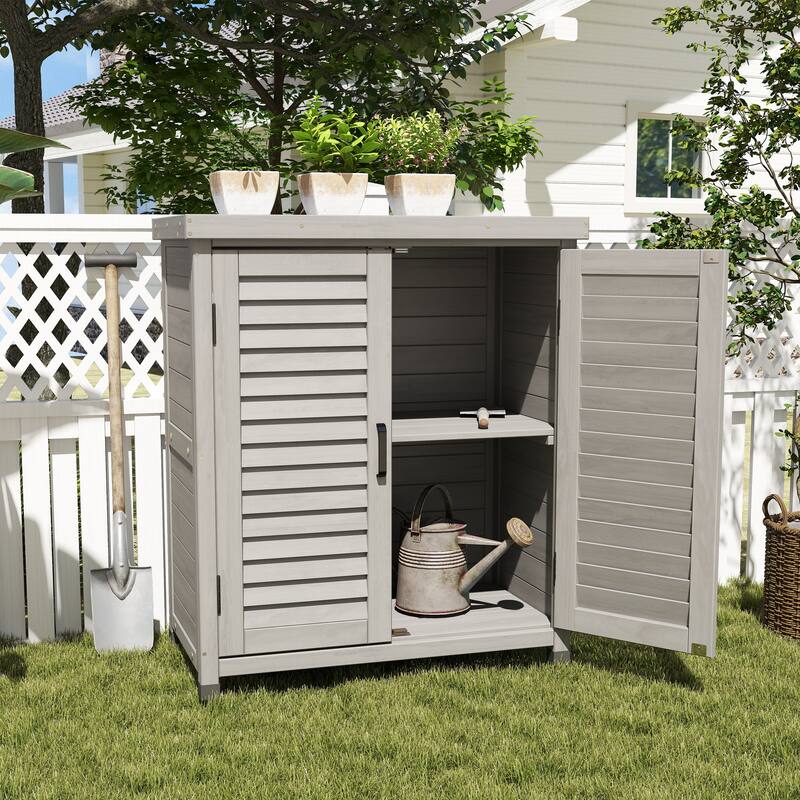 Outdoor Wooden Storage Shed with Waterproof Roof, Removable Shelves, Outside Tool Cabinet for Patio, Garden - 31.5x17.7x36.6in Grey