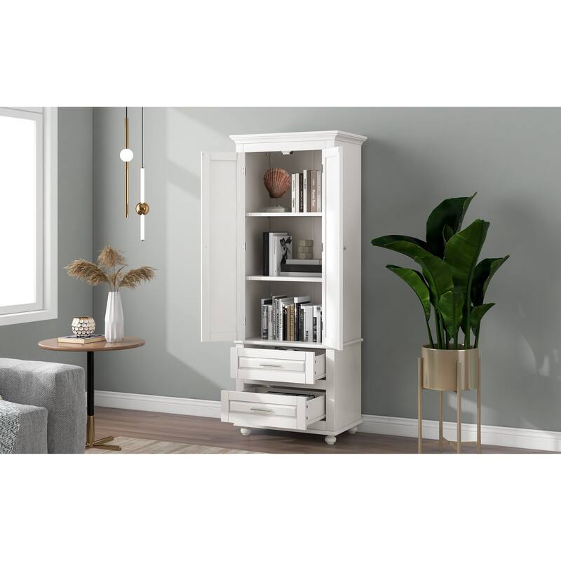 Roomfitters 64" Tall Bathroom Storage Cabinet, Modern MDF Linen Tower with 2 Large Drawers & Adjustable Shelves, White