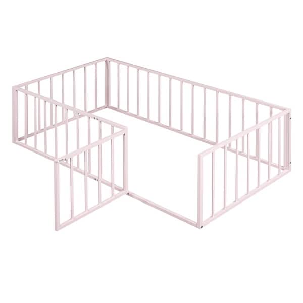 slide 2 of 88, Metal Floor Bed Frame with Fence & Door - Ideal for Kids & Toddlers Pink - Twin