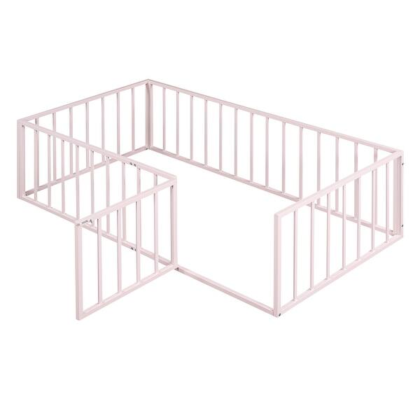 slide 2 of 10, Pink Twin Size Floor Bed for Children, Metal Montessori Bed Frame with Fence & Door, Montessori Platform Bed for Girls and Boys Pink - Twin