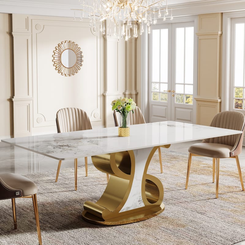 Rectangular Sintered Stone Dining Table with Stainless Steel Base - White+Gold