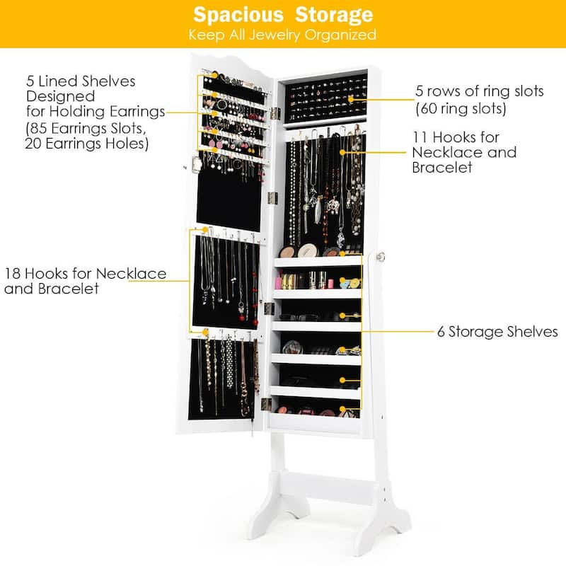 Mirrored Lockable Jewelry Cabinet Armoire Organizer Storage Box - 18.5" x 14.5" x 63.5" ( L x W x T )