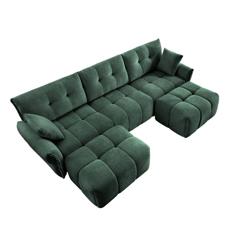 110.2" Chenille 3-Seater Sofa Set with Ottoman and Throw Pillows, Solid Wood Frame
