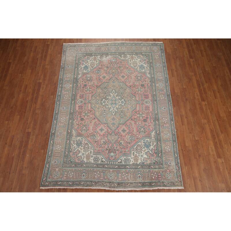 Hand Knotted Oriental 100% Wool Carpet Traditional Medallion Pink Tabriz Area Rug - 9' 7'' X 6' 7''