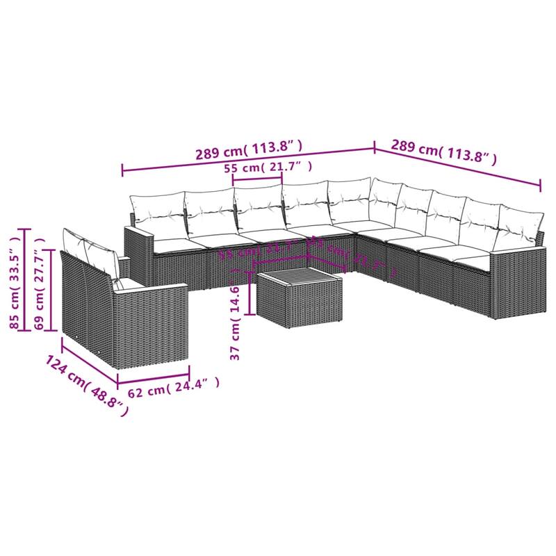vidaXL Patio Sofa Set with Cushions Outdoor Conversation Furniture Poly Rattan - 24.4x 24.4x 27.2