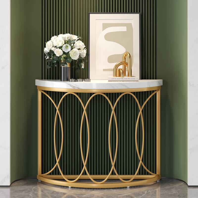 Half Moon Console Table for Entryway, 43 Inch Sofa Table with Faux Marble Top, White and Gold Accent Table
