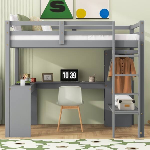 slide 2 of 22, Twin Loft Bed with L-shaped Desk, Wardrobe, and Storage Shelves, Grey Grey