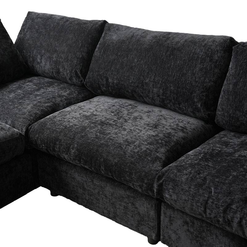 Minimalist Upholstered Cushion Sofa 4-Seater Chenille Modular Sectional Couch with Ottoman