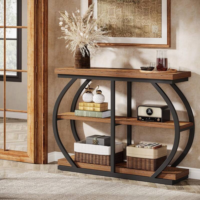 41.3 Inches Brown Wooden Entryway Table, 3-Tier Industrial Hallway Table with Storage for Living Room