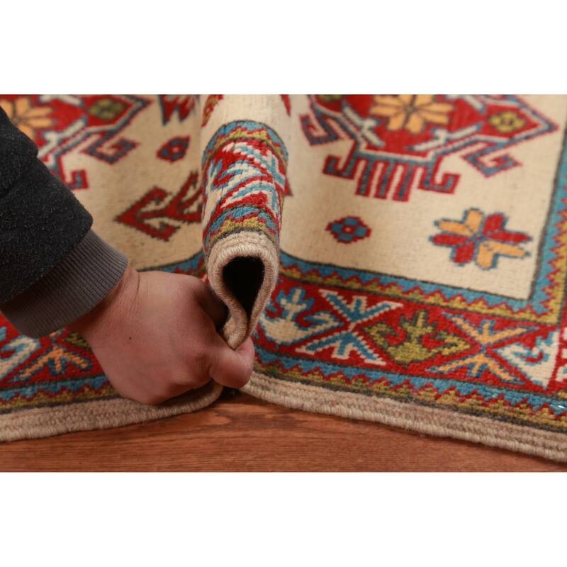 Geometric Kazak Oriental Rug Handmade Beige Wool Carpet - 2'0"x 3'0"