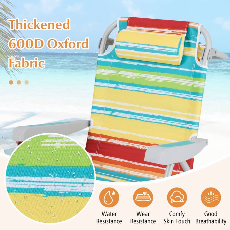 Oxford Fabric Folding Beach Chair with Adjustable Backrest, Headrest and Storage - 26" L x 25.5" W x 31" H