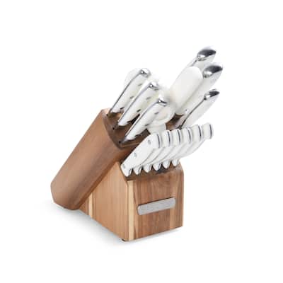 Sabatier 15 Piece White Forged Triple Rivet Cutlery Set with Acacia Block - N/A
