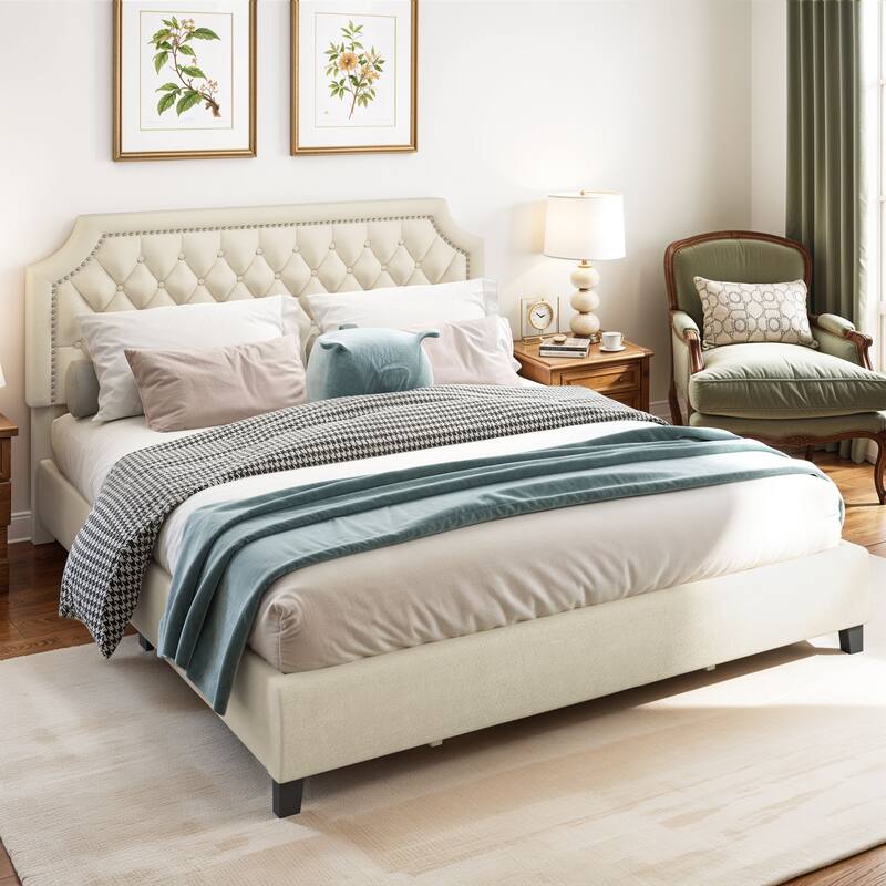 Moasis Upholstered Tufted Bed Frame with Adjustable Height Headboard