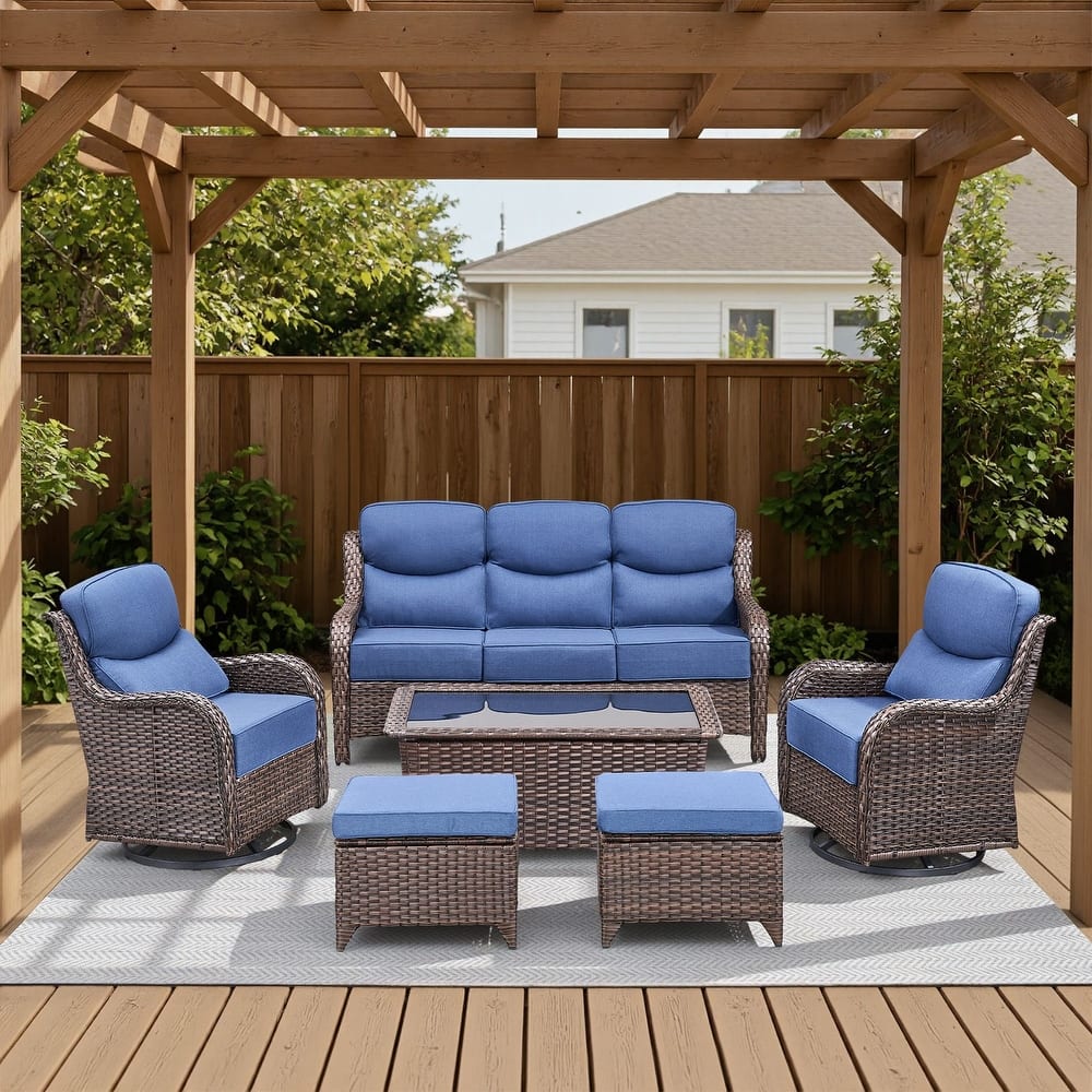 Meyreso 6-Piece Wicker Patio Conversation Set with Swivel Gliders and 6-Inch Thick Olefin Cushions