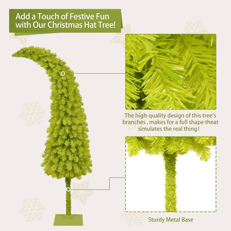 Hinged Fir Artificial Bent Top Tree - Santa Hat Style, LED Lights, Lush Branches, Holiday Decor - Green,White