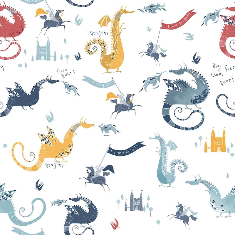 Galerie Wallcoverings Tiny Tots 2 Dragons Non-woven Matte Wallpaper Roll - 33 feet x 21 inches - Navy/Red/Yellow/Blue