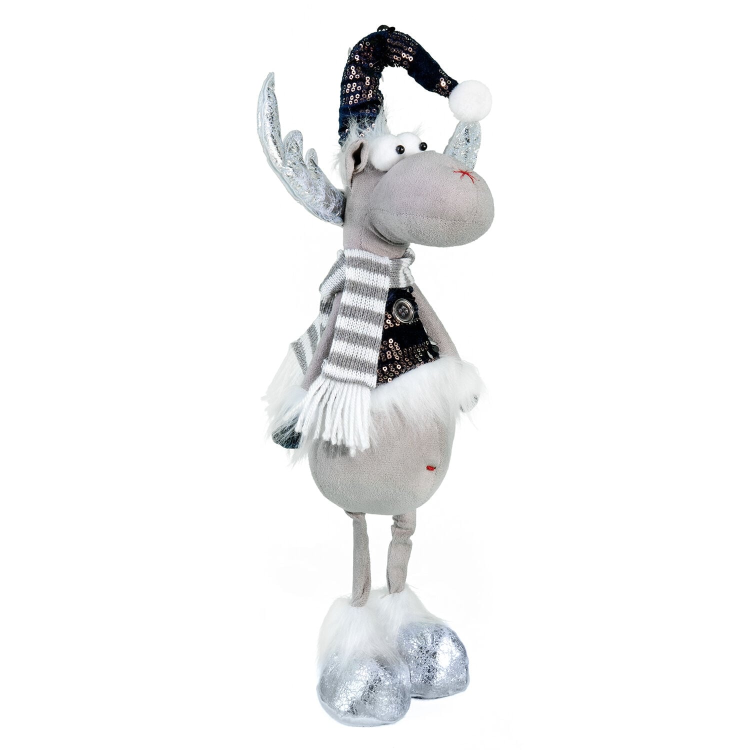 Reindeer with Blue Glitter Hat Fabric Christmas Decoration - N/A