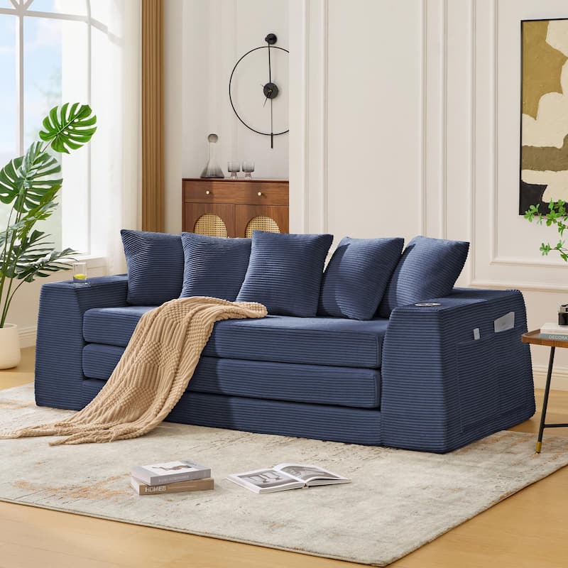 2-in-1 Convertible Corduroy Sofa Bed Folding Sleeper Loveseat Couch Full Floor Bed with Pillows, Storage Pockets and Cup Holders - Blue