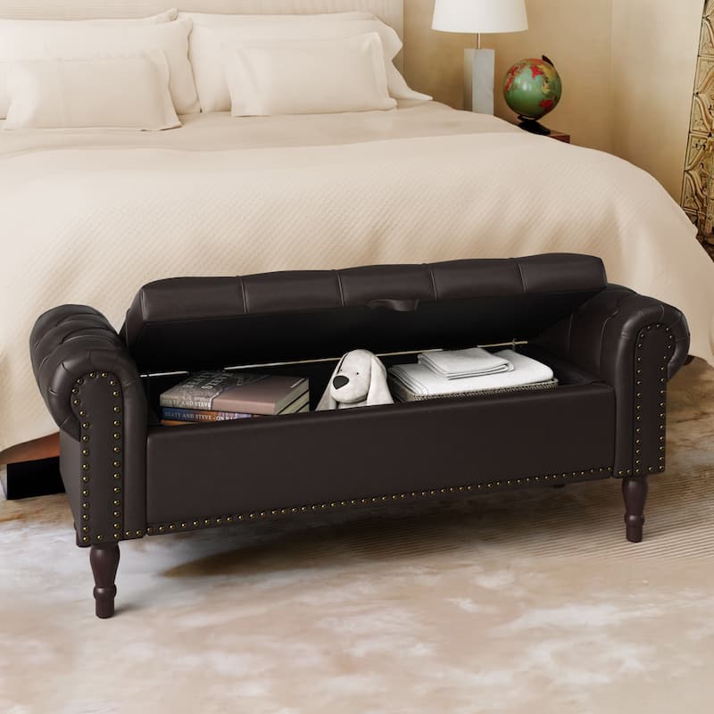 Modern Velvet Upholstered Storage Bench with Silver Nailhead Trim