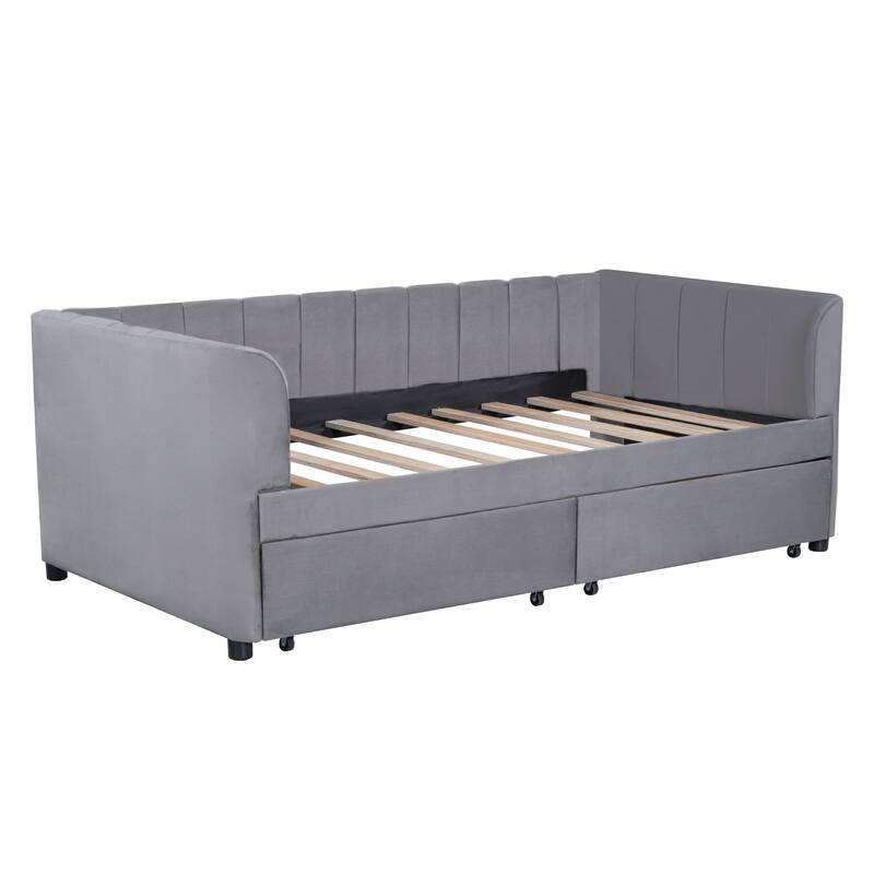 Twin Size Stylish Velvet Upholstered Daybed Ergonomic Design Backrest Daybed with 2 Drawers Wood Slat Support, Grey