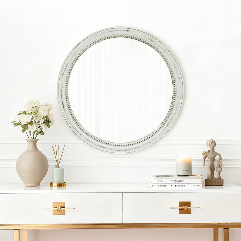 Round Distressed White Wood Beaded Wall Mirror - Natural Wood