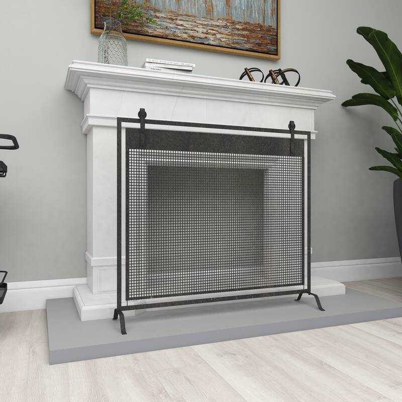 Black Metal Suspended Grid Single Panel Geometric Fireplace Screen with Bolted Detailing