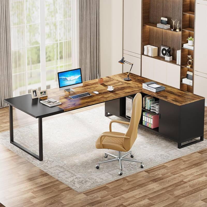 70.8" L-Shaped Executive Desk with 55" File Cabinet, Large Computer Desk with Storage Shelves/Cabinet for Home Office