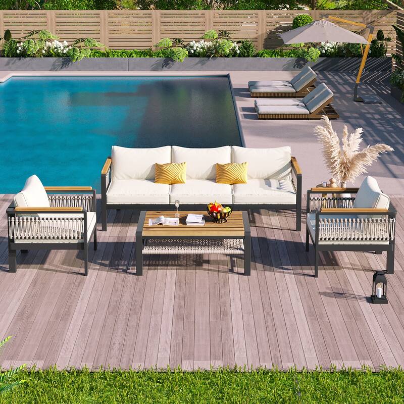 4 Pieces Outdoor Sectional Sofa Set 5-person Patio Seating Group Outdoor Conversation Set with Cushions and a Coffee Table - Beige