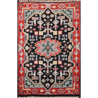 Black Geometric Kazak Indian Accent Rug Handmade Wool Carpet - 2'0" x 3'0"