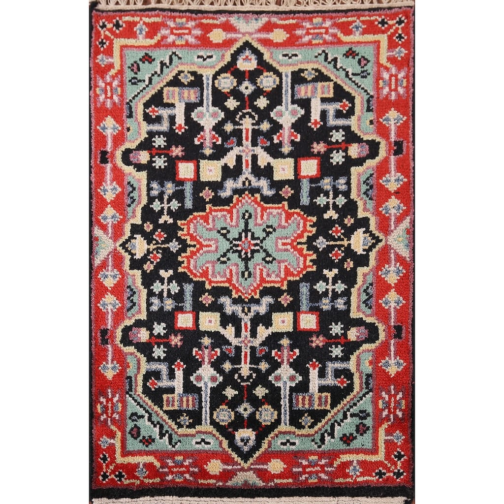 Black Geometric Kazak Indian Accent Rug Handmade Wool Carpet - 2'0" x 3'0"