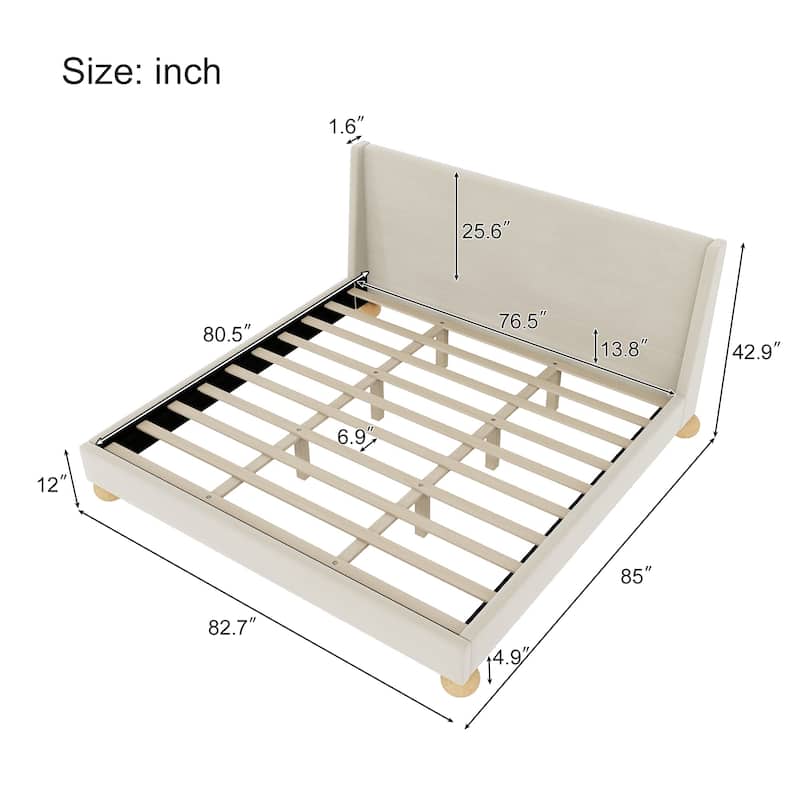 Velvet Frame Wingback Bed Platform Bed with Wooden Legs