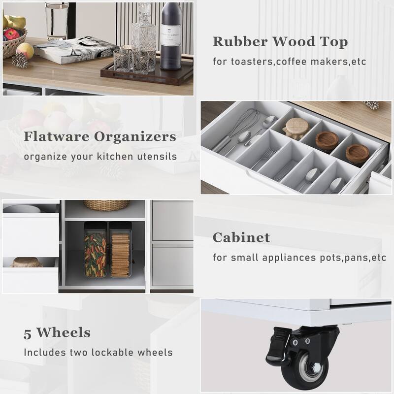 Kitchen Island on Wheels w/ 8 Handle-Free Drawers & Flatware Organizer