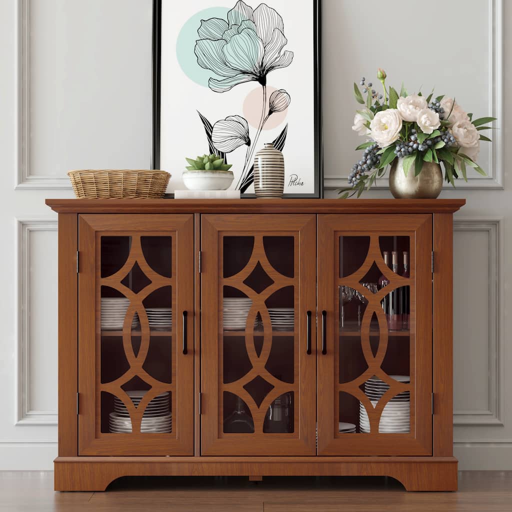 Spacious size sideboard 3 clear tempered glass doors buffet with adjustable shelf