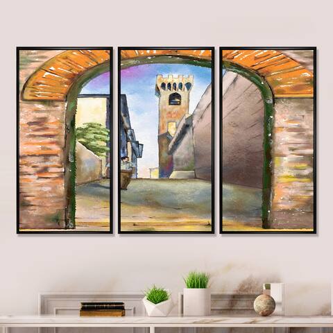 Designart "Street View Of A Medieval City In Italy" Mid-Century Modern Framed Wall Art Set of 3 - 4 Colors of Frames