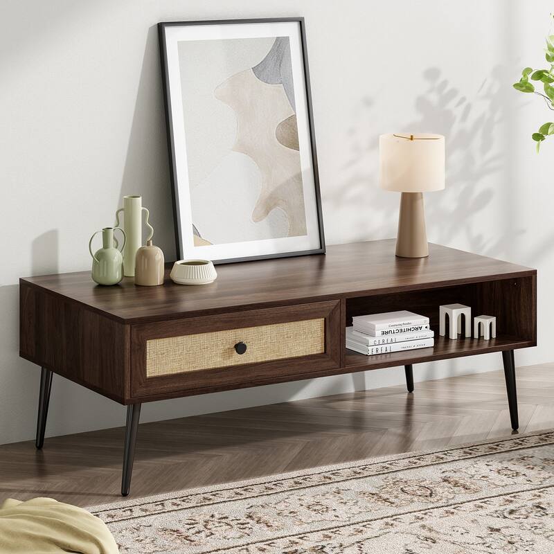 Modern Coffee Table, 47 Inch Rectangle Console Table with Drawer & Shelf, Wooden Coffee Table for Living Room, Office - Walnut