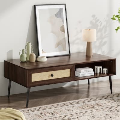Modern Coffee Table, 47 Inch Rectangle Console Table with Drawer & Shelf, Wooden Coffee Table for Living Room, Office