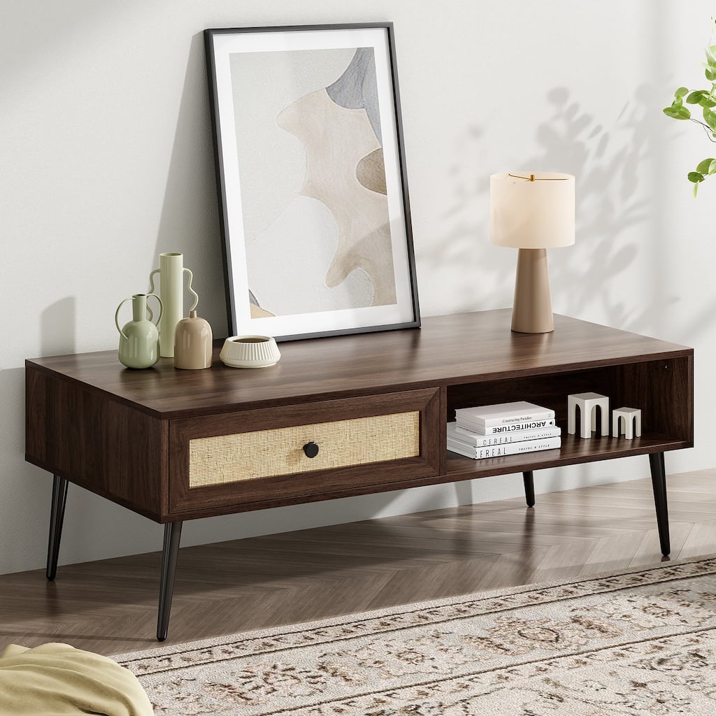 Modern Coffee Table, 47 Inch Rectangle Console Table with Drawer & Shelf, Wooden Coffee Table for Living Room, Office