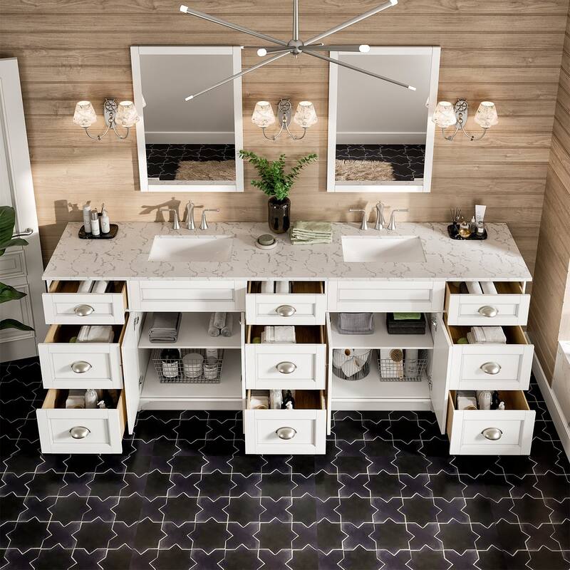 Epic 96 in. DS Bath Vanity with Carrara Quartz Top & Undermount Sinks