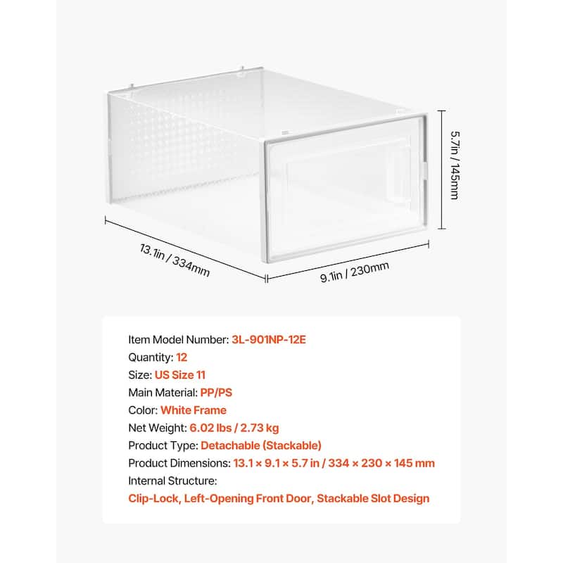 White Stackable Shoe Storage Boxes with Clip Lock Door, Ventilation and Tool-Free Assembly - 13.1 x 9.1 x 5.7 in