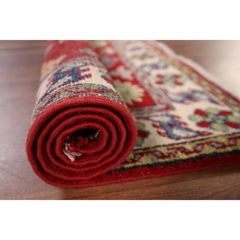 Red Geometric Kazak Pakistan Accent Rug Handmade Wool Carpet - 2'9" x 3'9"