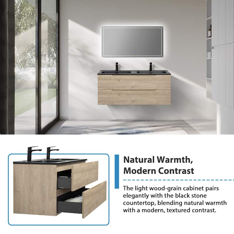 RupheonD 24"-48" Floating Bath Vanity in Evita Oak with Black Quartz Top