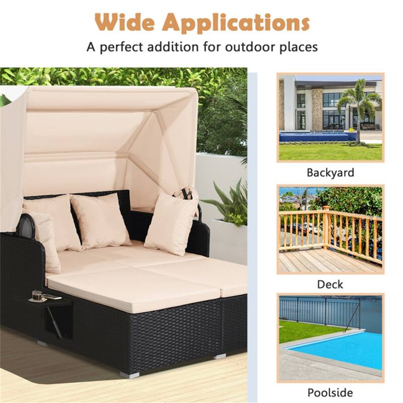 Rattan Daybed Lounge with Retractable Canopy and Side Tables - 65" x 60.5 x 58.5"
